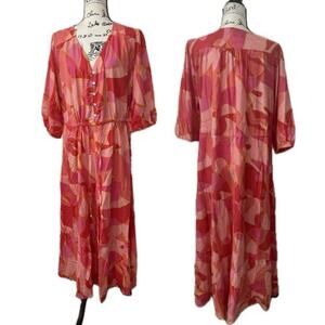 SMOCKED MAXI DRESS Sz 3XL PINK/ORANGE TIERED 3/4 Sleeve BOHO CHIC 100% RAYON